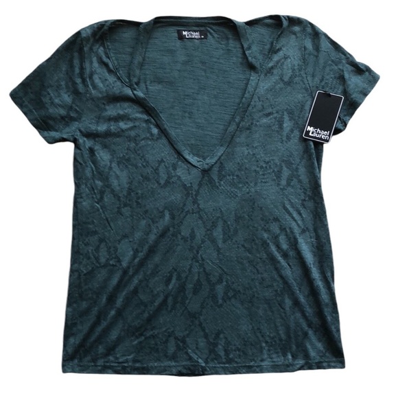 Michael Lauren T-Shirt Shoulder Cut Out Barker Green Snakeskin Print Medium - Picture 9 of 14